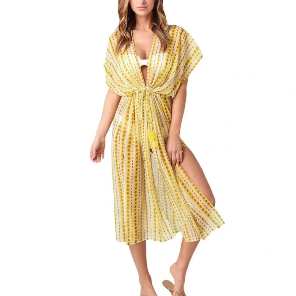 Echo Yellow Shabori Midi Sheer Boho Caftan Swimsuit Coverup OS